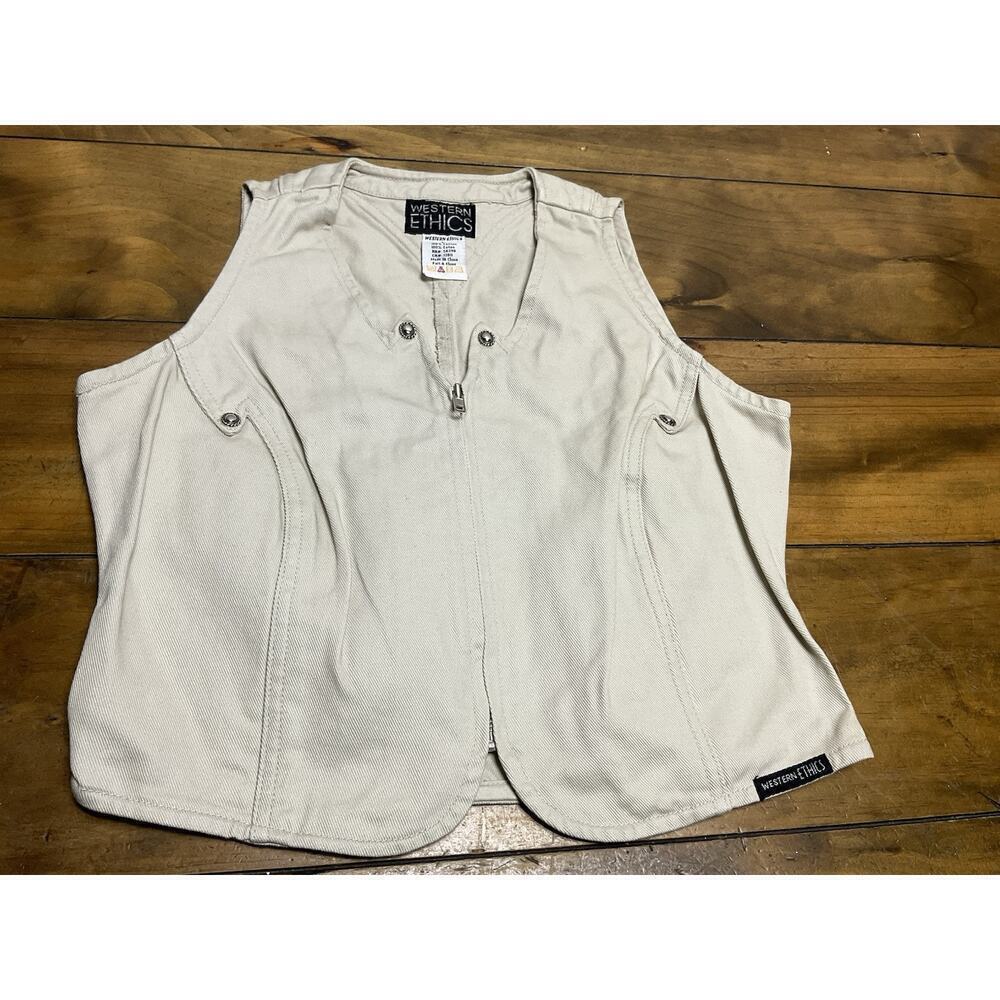 VTG Western Ethics Women's Large Beige Studded Jean Zip Up Vest